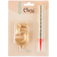 Набор, Фонтан и Свеча Цифра, 5 Грани, Золото, 10 см, 1 шт., 1775