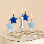 Набор свечей 1-ый День Рождения Мальчика, Серебро/Голубой, 2,5*3,5 + 4 см, 5 шт. с держат., 639282