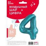 Шар (34''/86 см) Цифра, 4 Slim, Тиффани, 1 шт. в уп., 131404