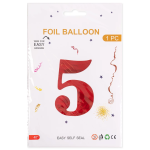 Шар (40''/102 см) Цифра, 5, Красный, Металлик, 1 шт. в уп., 27365