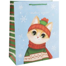 Пакет подарочный, 210гр, С Новым годом! (котик в шапочке), Металлик, 23*18*10 см, 1 шт., 504455