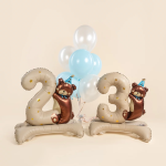 Шар (35''/89 см) Цифра на подставке, 3 Годика, Мишка в голубом колпачке, Бежевый, Сатин, 1 шт. в уп., 27303B