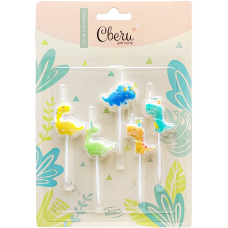 Набор свечей Фигура, Милые динозаврики, Ассорти, 3*3 + 4,5 см, 5 шт. с держат., 639281