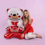 Шар 3D (58''/147 см) Фигура на подставке, Мишка с сердцем, Белый, 1 шт. в уп., 26278