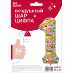 Шар (34''/86 см) Цифра, 1 Зверята, 1 шт. в уп., 131341