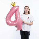 Шар (40''/102 см) Цифра, 4 Золотая корона, Розовый, 1 шт. в уп., 131194