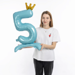 Шар (32''/81 см) Цифра на подставке, 5 Золотая корона, Голубой, 1 шт. в уп., 131265