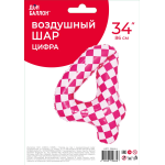 Шар (34''/86 см) Цифра, 4 Клеточки, Розовый/Фуше, 1 шт. в уп., 26644