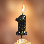 Свеча Цифра, 1 Золотые брызги, на шпажке, Черный, Металлик, 4,3 + 5,2 см, 1 шт. с держат., 5631