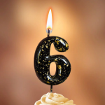 Свеча Цифра, 6 Золотые брызги, на шпажке, Черный, Металлик, 4,3 + 5,2 см, 1 шт. с держат., 5636