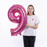 Шар (34''/86 см) Цифра, 9 Золотые короны, Розовый, 1 шт. в уп., 131109