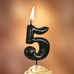 Свеча Цифра, 5 Золотые брызги, на шпажке, Черный, Металлик, 4,3 + 5,2 см, 1 шт. с держат., 5635