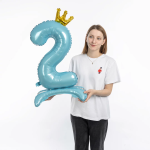 Шар (32''/81 см) Цифра на подставке, 2 Золотая корона, Голубой, 1 шт. в уп., 131262