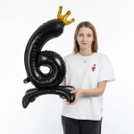 Шар (32''/81 см) Цифра на подставке, 6 Золотая корона, Черный, 1 шт. в уп., 131246