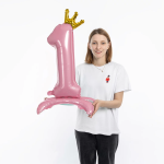 Шар (32''/81 см) Цифра на подставке, 1 Золотая корона, Розовый, 1 шт. в уп., 131251