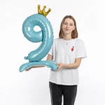 Шар (32''/81 см) Цифра на подставке, 9 Золотая корона, Голубой, 1 шт. в уп., 131269