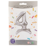 Шар (32''/81 см) Цифра на подставке, 4, Серебро, 1 шт. в уп., 24134