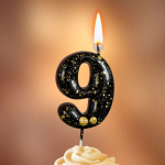 Свеча Цифра, 9 Золотые брызги, на шпажке, Черный, Металлик, 4,3 + 5,2 см, 1 шт. с держат., 5639
