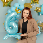 Шар (32''/81 см) Цифра на подставке, 6 Золотая корона, Голубой, 1 шт. в уп., 24206