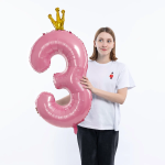 Шар (40''/102 см) Цифра, 3 Золотая корона, Розовый, 1 шт. в уп., 131193